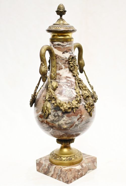 PAIR MARBLE CASSOLETTE URNS FRENCH EMPIRE DECORATIVE VASES 1890 - ADDITIONAL PHOTO 1
