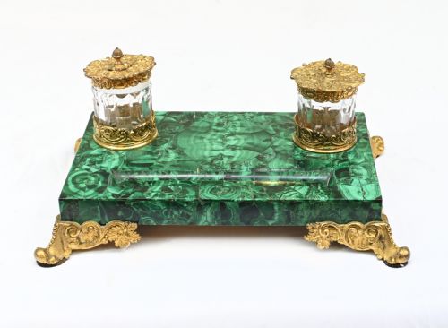 Antique Malachite Inkwell Desk Set French Inkstand