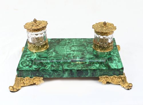 fig 1. Antique Malachite Inkwell Desk Set French Inkstand