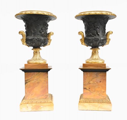 PAIR BRONZE URNS CHERUB BACCHUS ITALIAN GRAND TOUR CAMPANA 1880