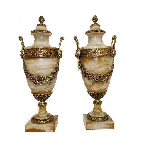 Pair French Marble Urns Antique Cassolette Ormolu
