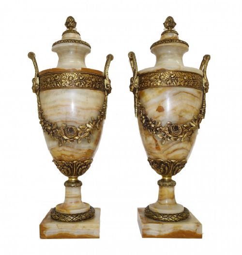 fig 1. Pair French Marble Urns Antique Cassolette Ormolu