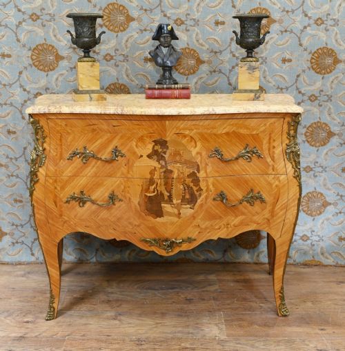 French Antique Commode Bombe Chest Drawers Inlay 1870