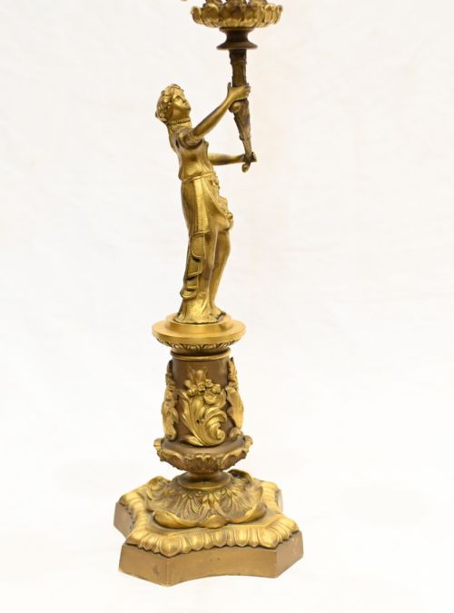 fig 1. A pair of nineteenth-century French ormolu gilt bronze candelabras featuring classical maiden figures supporting six scrolling leafy candle branches on decorative plinths.