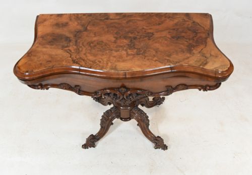 VICTORIAN WALNUT CARD TABLE 1860 CARVED GAMES - ADDITIONAL PHOTO 2