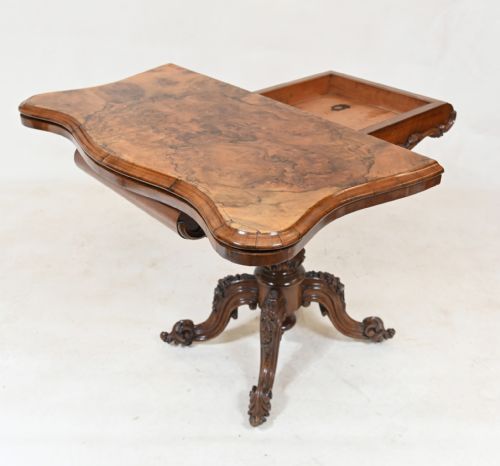 VICTORIAN WALNUT CARD TABLE 1860 CARVED GAMES - ADDITIONAL PHOTO 7