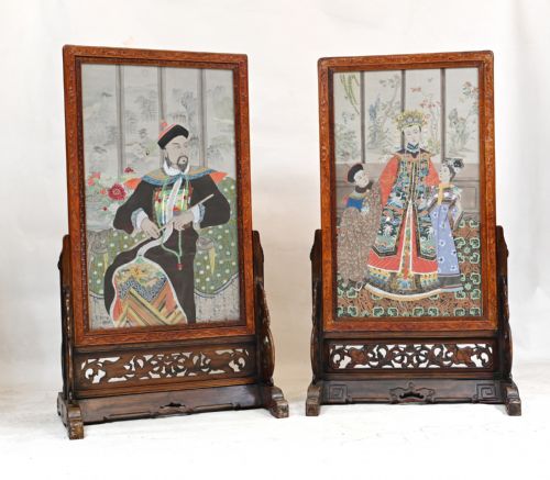 PAIR CHINESE SILK WOVEN HARDWOOD SCREENS ANTIQUE 1840 QIANLONG EMPEROR