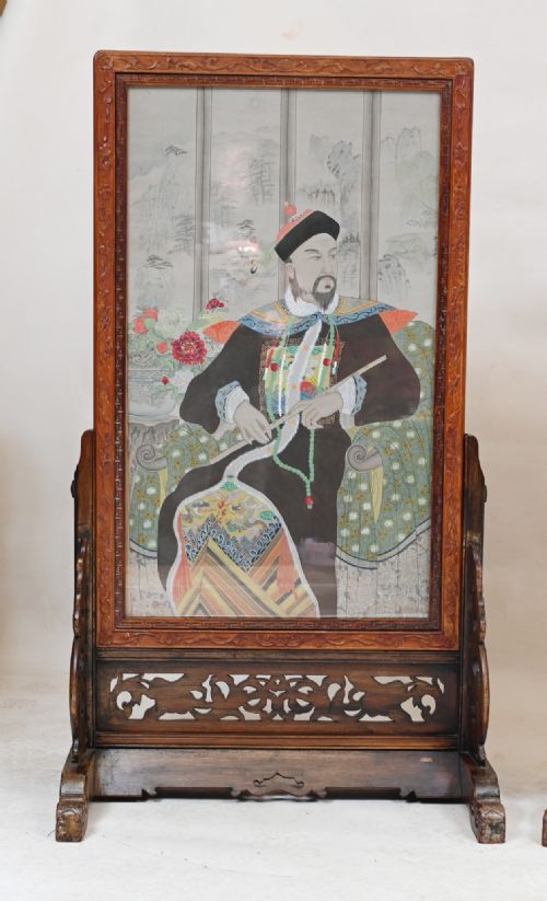 PAIR CHINESE SILK WOVEN HARDWOOD SCREENS ANTIQUE 1840 QIANLONG EMPEROR - ADDITIONAL PHOTO 1