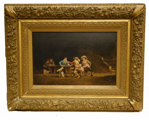 ANTIQUE FRENCH OIL PAINTING TAVERN SCENE MUSKETEERS SIGNED J DE NINVILLE CHIAROSCURO