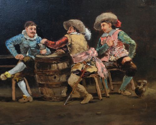 ANTIQUE FRENCH OIL PAINTING TAVERN SCENE MUSKETEERS SIGNED J DE NINVILLE CHIAROSCURO - ADDITIONAL PHOTO 1