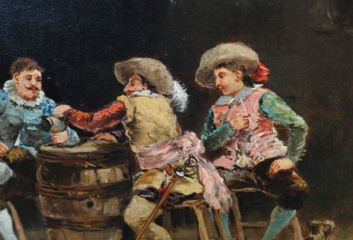 ANTIQUE FRENCH OIL PAINTING TAVERN SCENE MUSKETEERS SIGNED J DE NINVILLE CHIAROSCURO - ADDITIONAL PHOTO 2