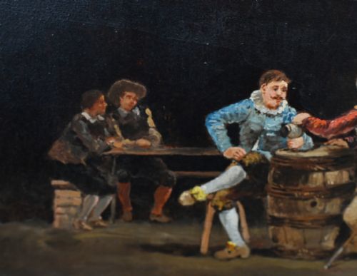 ANTIQUE FRENCH OIL PAINTING TAVERN SCENE MUSKETEERS SIGNED J DE NINVILLE CHIAROSCURO - ADDITIONAL PHOTO 4