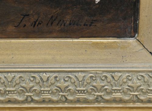ANTIQUE FRENCH OIL PAINTING TAVERN SCENE MUSKETEERS SIGNED J DE NINVILLE CHIAROSCURO - ADDITIONAL PHOTO 7