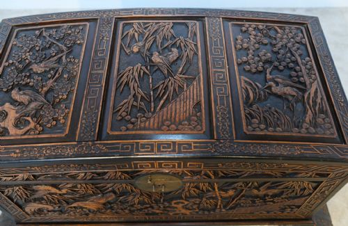 fig 1. Chinese Camphor Chest Luggage Chest Carved Stand Antique 1900