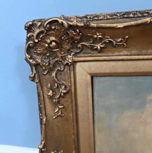 fig 1. A nineteenth-century Scottish landscape oil painting depicting a rustic cottage beside water, set within an ornate gilded frame.
