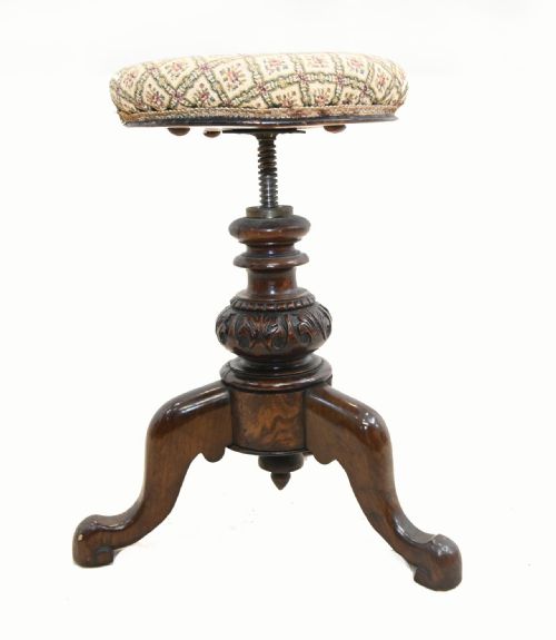 VICTORIAN PIANO STOOL CARVED WALNUT ADJUSTABLE HEIGHT 1860 - ADDITIONAL PHOTO 1