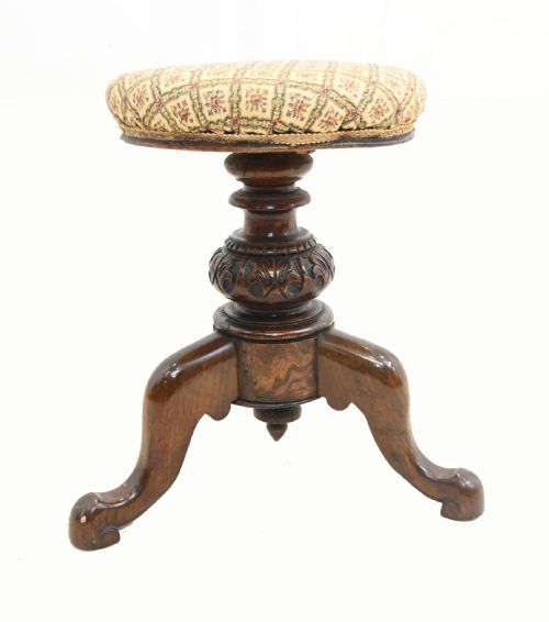 VICTORIAN PIANO STOOL CARVED WALNUT ADJUSTABLE HEIGHT 1860 - ADDITIONAL PHOTO 4
