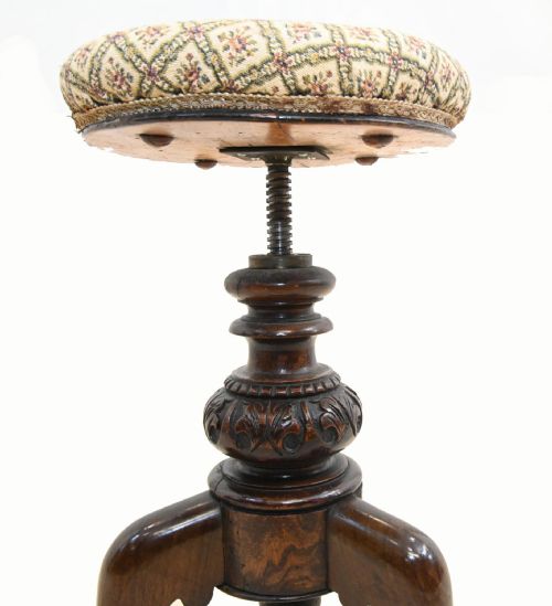 VICTORIAN PIANO STOOL CARVED WALNUT ADJUSTABLE HEIGHT 1860 - ADDITIONAL PHOTO 5