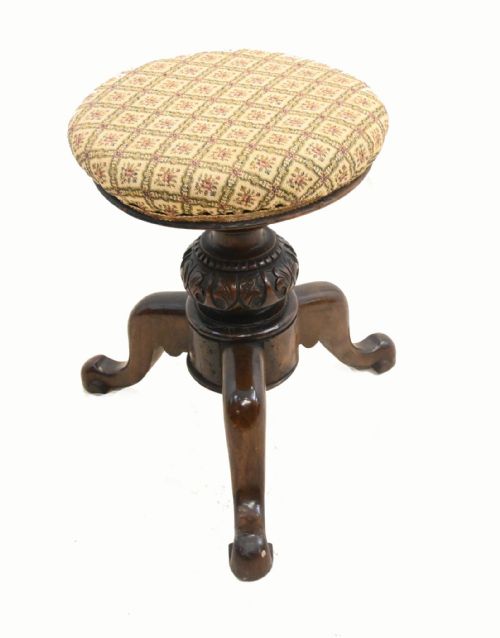 VICTORIAN PIANO STOOL CARVED WALNUT ADJUSTABLE HEIGHT 1860 - ADDITIONAL PHOTO 9