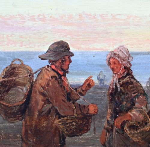 fig 1. A large Victorian oil painting on canvas depicting fishermen and boats along a coastal shore beneath a cloudy sky, presented in an ornate gilt frame.