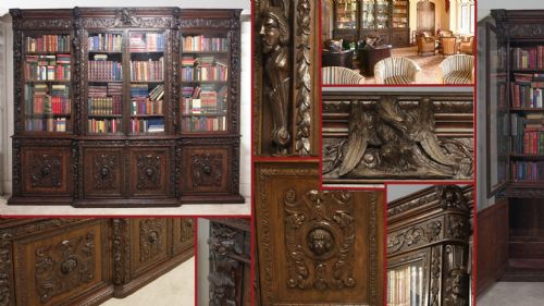 VICTORIAN OAK BREAKFRONT BOOKCASE CARVED MISKIN MANOR 1870 LIBRARY - ADDITIONAL PHOTO 26