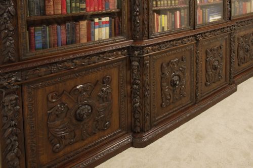 VICTORIAN OAK BREAKFRONT BOOKCASE CARVED MISKIN MANOR 1870 LIBRARY - ADDITIONAL PHOTO 1