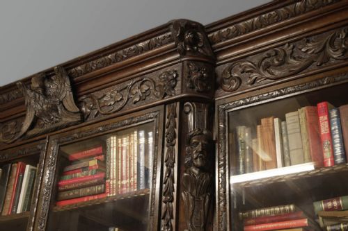 VICTORIAN OAK BREAKFRONT BOOKCASE CARVED MISKIN MANOR 1870 LIBRARY - ADDITIONAL PHOTO 3