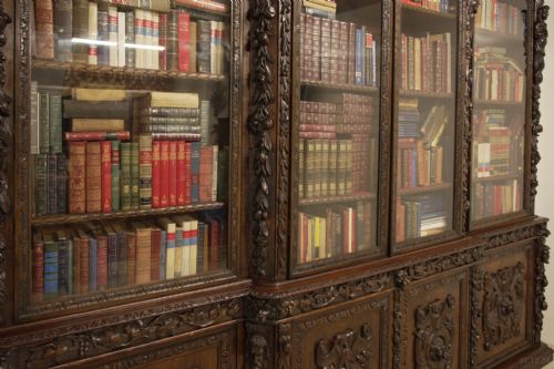 VICTORIAN OAK BREAKFRONT BOOKCASE CARVED MISKIN MANOR 1870 LIBRARY - ADDITIONAL PHOTO 4
