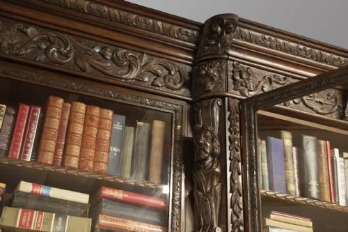 VICTORIAN OAK BREAKFRONT BOOKCASE CARVED MISKIN MANOR 1870 LIBRARY - ADDITIONAL PHOTO 5