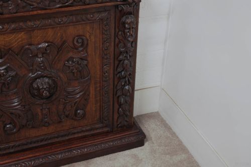 VICTORIAN OAK BREAKFRONT BOOKCASE CARVED MISKIN MANOR 1870 LIBRARY - ADDITIONAL PHOTO 7