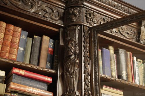 VICTORIAN OAK BREAKFRONT BOOKCASE CARVED MISKIN MANOR 1870 LIBRARY - ADDITIONAL PHOTO 9