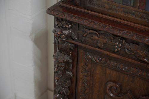 VICTORIAN OAK BREAKFRONT BOOKCASE CARVED MISKIN MANOR 1870 LIBRARY - ADDITIONAL PHOTO 12