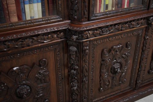 VICTORIAN OAK BREAKFRONT BOOKCASE CARVED MISKIN MANOR 1870 LIBRARY - ADDITIONAL PHOTO 13