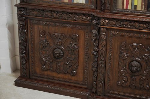 VICTORIAN OAK BREAKFRONT BOOKCASE CARVED MISKIN MANOR 1870 LIBRARY - ADDITIONAL PHOTO 14