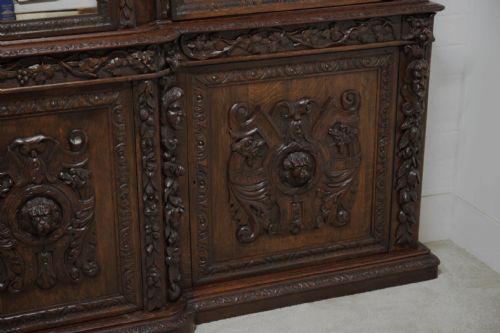 VICTORIAN OAK BREAKFRONT BOOKCASE CARVED MISKIN MANOR 1870 LIBRARY - ADDITIONAL PHOTO 15