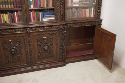 VICTORIAN OAK BREAKFRONT BOOKCASE CARVED MISKIN MANOR 1870 LIBRARY - ADDITIONAL PHOTO 19