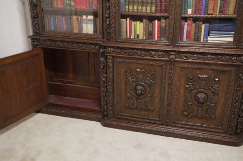 VICTORIAN OAK BREAKFRONT BOOKCASE CARVED MISKIN MANOR 1870 LIBRARY - ADDITIONAL PHOTO 20
