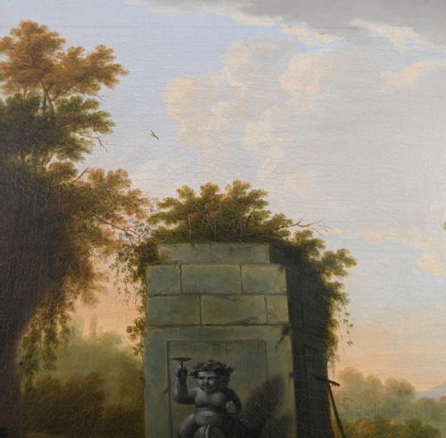 fig 1. An 18th-century framed Italianate oil painting on canvas depicting travellers, horses, and livestock resting near a stone fountain in a rustic landscape.