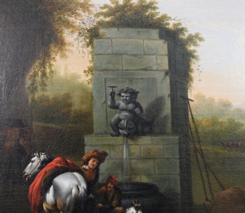 fig 2. An 18th-century framed Italianate oil painting on canvas depicting travellers, horses, and livestock resting near a stone fountain in a rustic landscape.