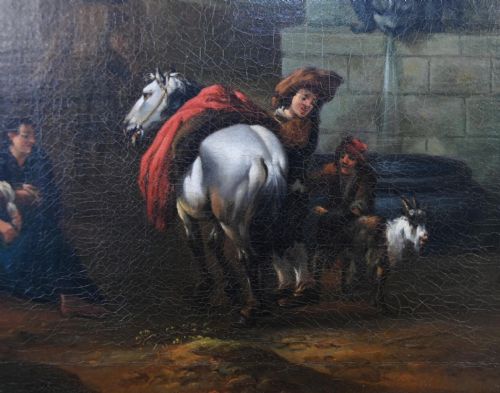 fig 3. An 18th-century framed Italianate oil painting on canvas depicting travellers, horses, and livestock resting near a stone fountain in a rustic landscape.