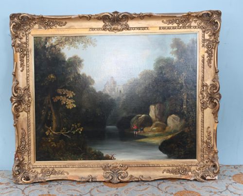 Antique French Oil Painting River Scape Art Chateau 1860