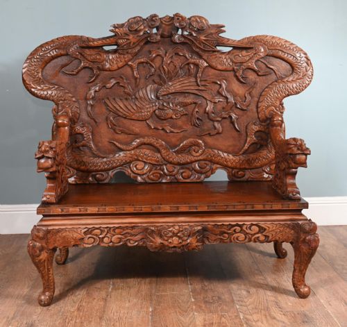 CHINESE DRAGON BENCH CARVED SEAT CINNABAR LACQUER 1860