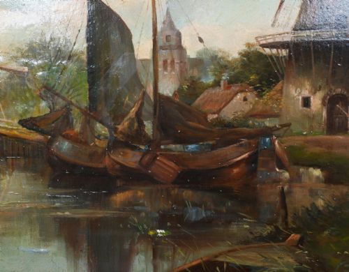 fig 1. An oil painting depicting a Dutch canal scene with a windmill and sailboat, enclosed within an ornate giltwood frame.