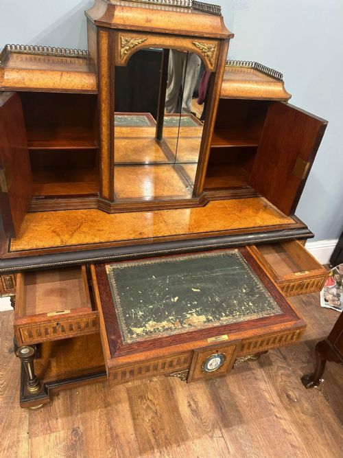 VICTORIAN BONHEUR DE JOUR DESK AMBOYNA SEVRES PLAQUES 1860 - ADDITIONAL PHOTO 1