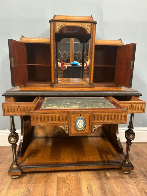 VICTORIAN BONHEUR DE JOUR DESK AMBOYNA SEVRES PLAQUES 1860 - ADDITIONAL PHOTO 2