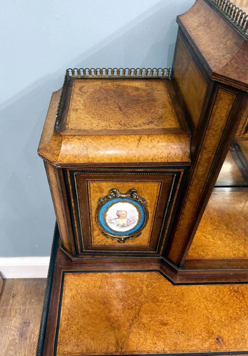VICTORIAN BONHEUR DE JOUR DESK AMBOYNA SEVRES PLAQUES 1860 - ADDITIONAL PHOTO 12