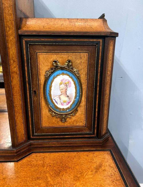 VICTORIAN BONHEUR DE JOUR DESK AMBOYNA SEVRES PLAQUES 1860 - ADDITIONAL PHOTO 13