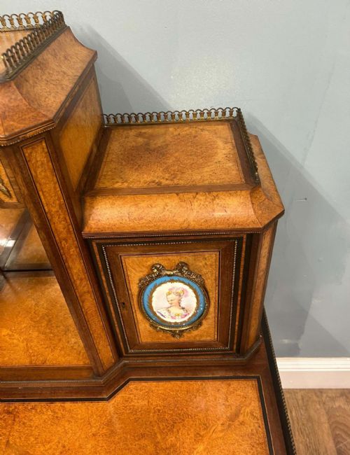 VICTORIAN BONHEUR DE JOUR DESK AMBOYNA SEVRES PLAQUES 1860 - ADDITIONAL PHOTO 14