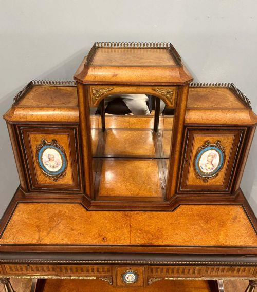 VICTORIAN BONHEUR DE JOUR DESK AMBOYNA SEVRES PLAQUES 1860 - ADDITIONAL PHOTO 15
