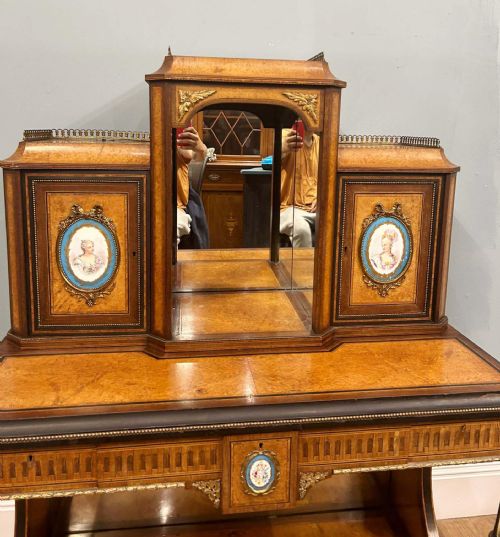 VICTORIAN BONHEUR DE JOUR DESK AMBOYNA SEVRES PLAQUES 1860 - ADDITIONAL PHOTO 16